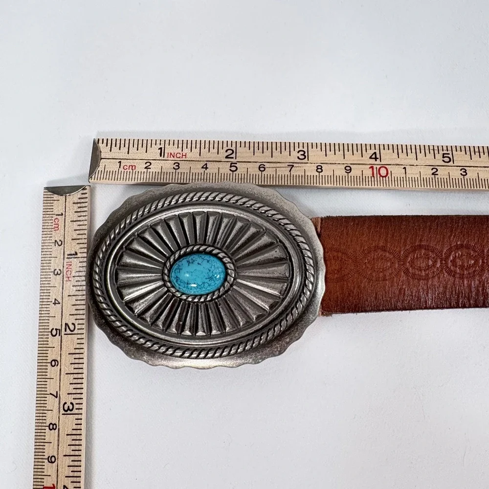 American Eagle Belt Brown Leather Turquoise Buckle Western Boho Women  S